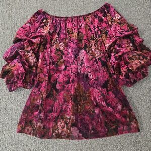 Coco Bianco Velvet Burnout Top S Pink Off Shoulder Ruffle Puff Sleeve Romantic